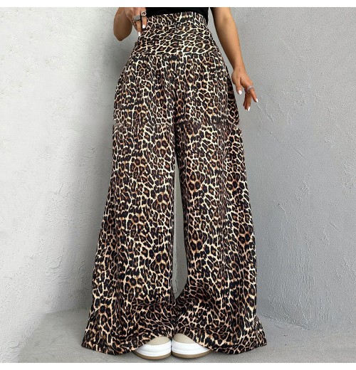 Cotton Fashion Wide Leg High Waist Trousers for Ladies - Leopard Print Casual Stretch Pants Cotton Fashion Wide Leg High Waist Trousers for Ladies - Leopard Print Casual Stretch Pants