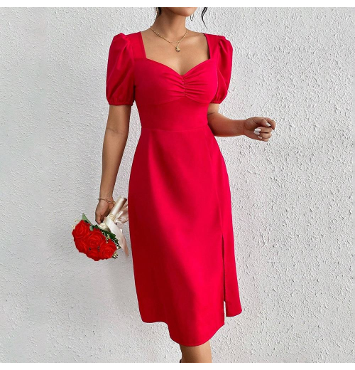 Red Women's Clothing 2025 Spring Summer Puff Sleeve Square Collar Woman Dress Sexy Slit Evening Party Dresses For Women Red Women's Clothing 2025 Spring Summer Puff Sleeve Square Collar Woman Dress Sexy Slit Evening Party Dresses For Women